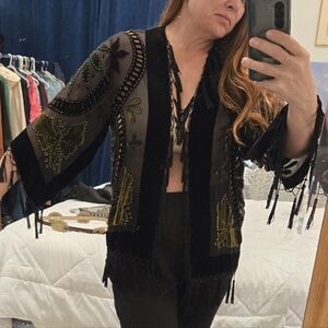 Boho Silk Velvet Burnout Jacket Shrug Beaded Tassels